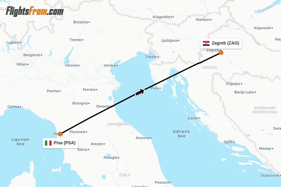 Flights from Pisa to Zagreb route map