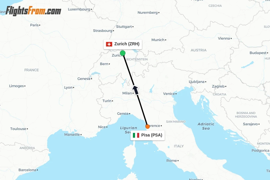 Flights from Pisa to Zurich route map