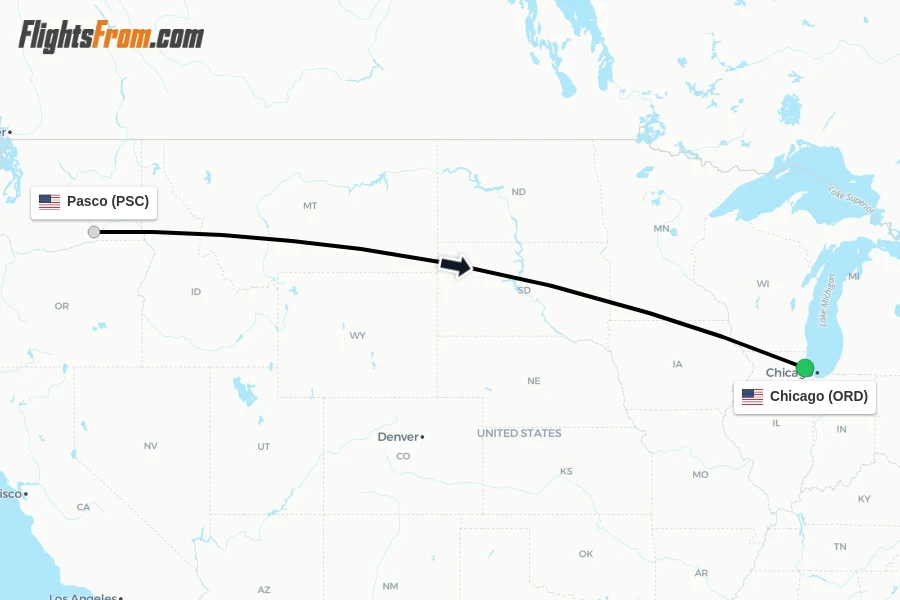 Flights from Pasco to Chicago route map