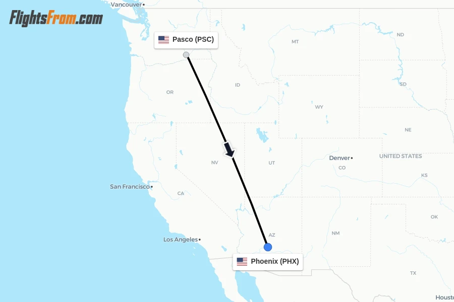 Flights from Pasco to Phoenix route map