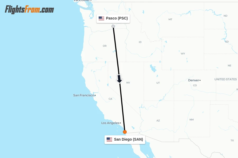 Flights from Pasco to San Diego route map