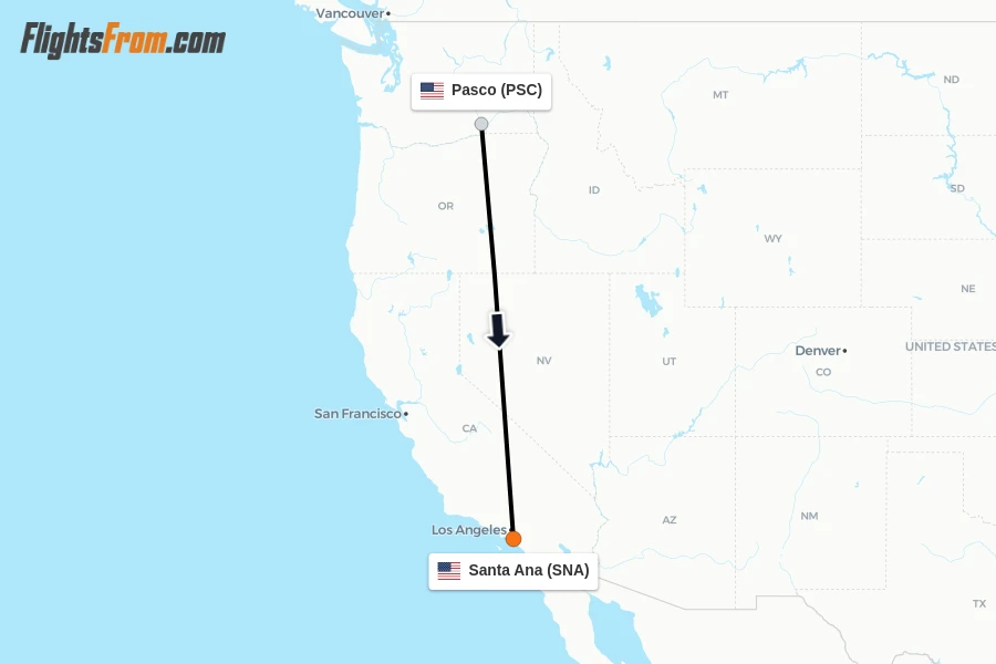 Flights from Pasco to Santa Ana route map