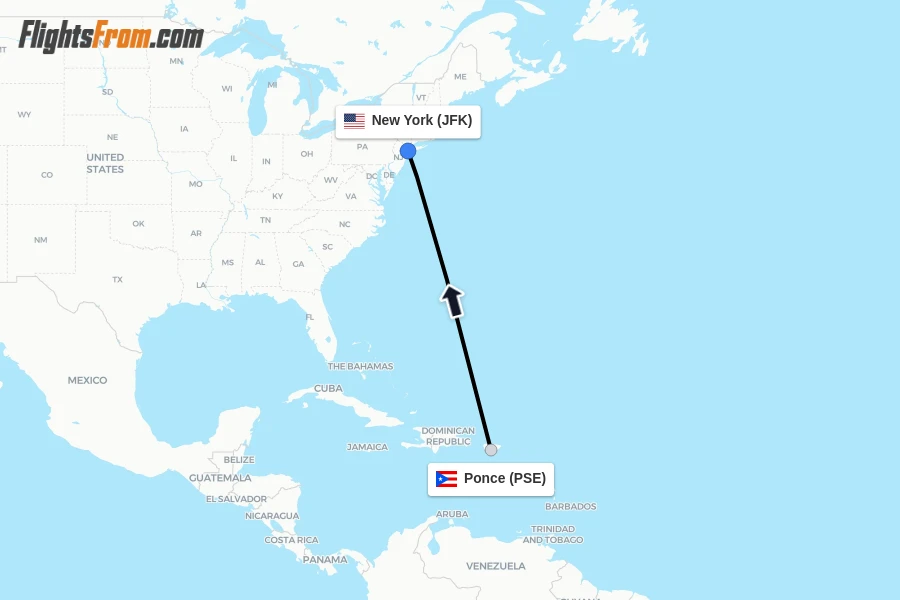 Flights from Ponce to New York route map