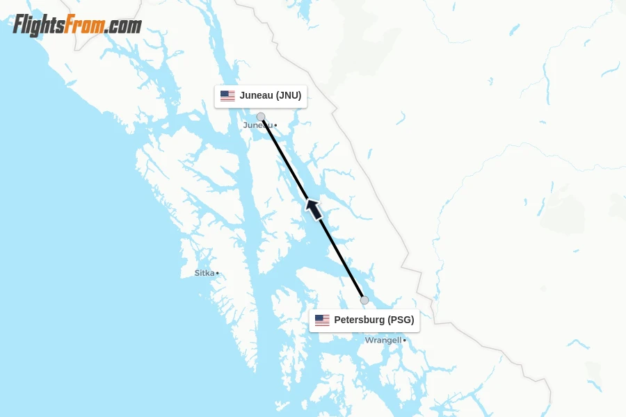 Flights from Petersburg to Juneau route map