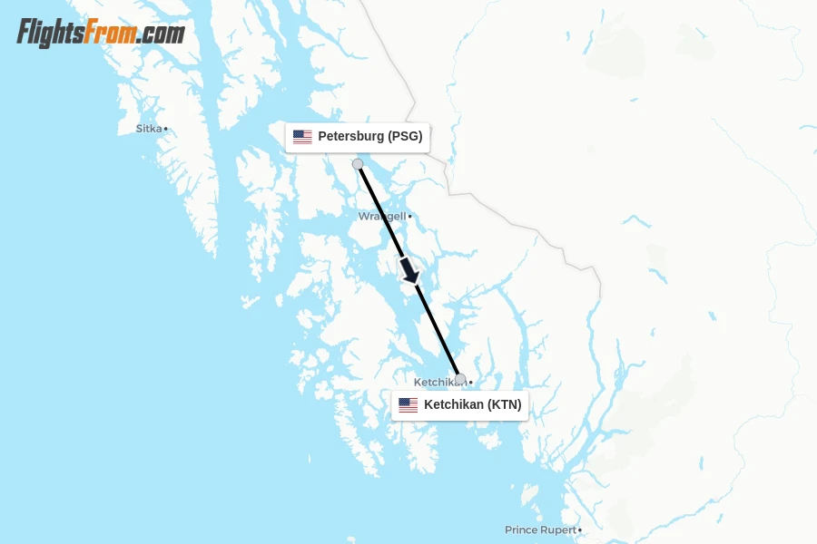 Flights from Petersburg to Ketchikan route map