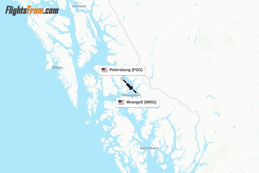 Flights from Petersburg to Wrangell route map