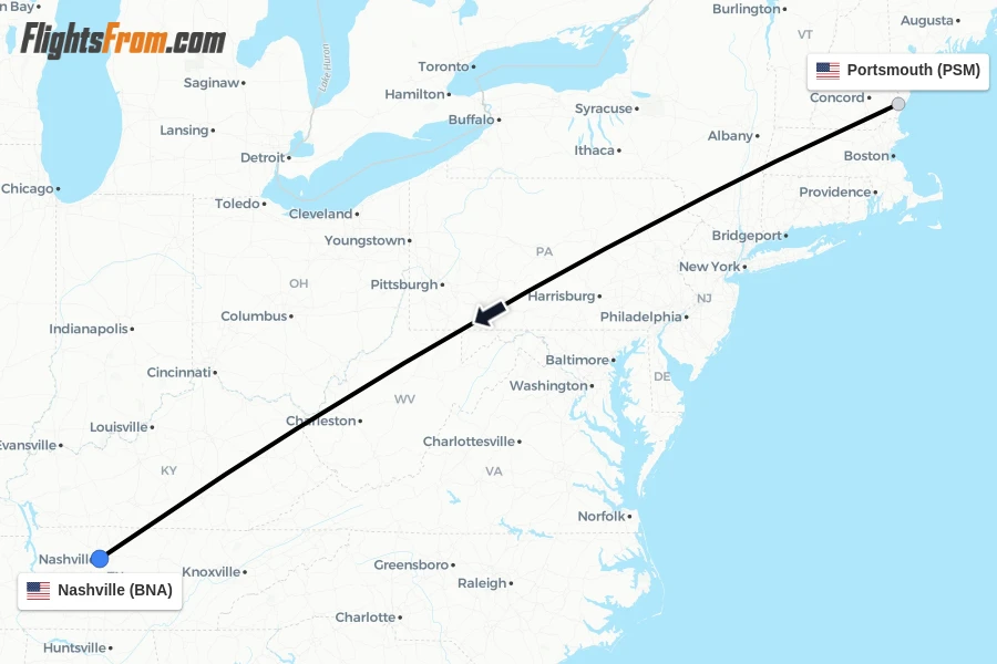 Flights from Portsmouth to Nashville route map