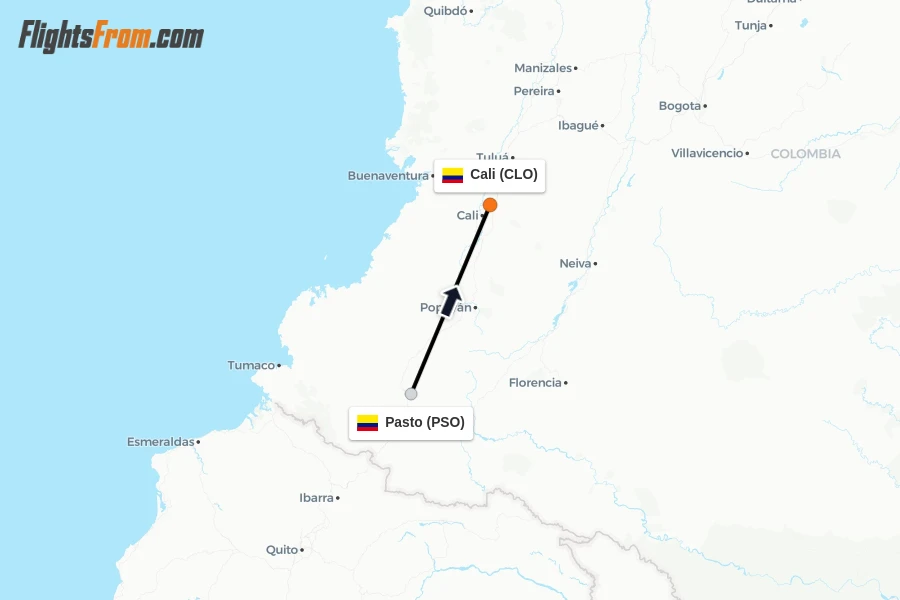 Flights from Pasto to Cali route map