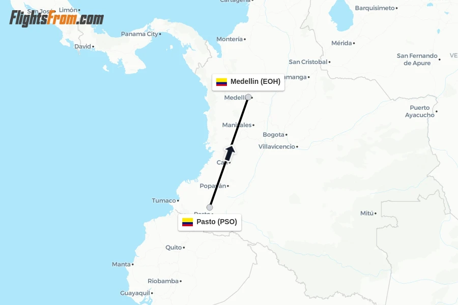 Flights from Pasto to Medellin route map