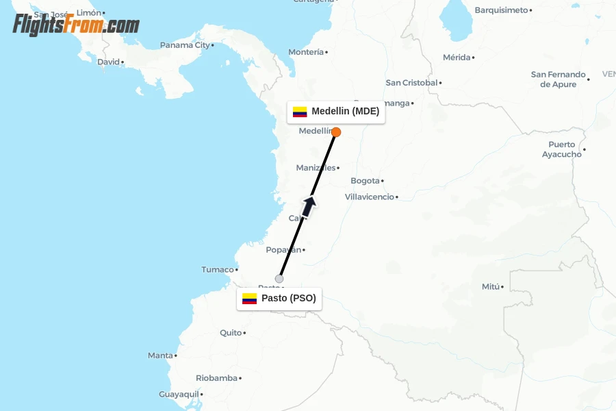 Flights from Pasto to Medellin route map