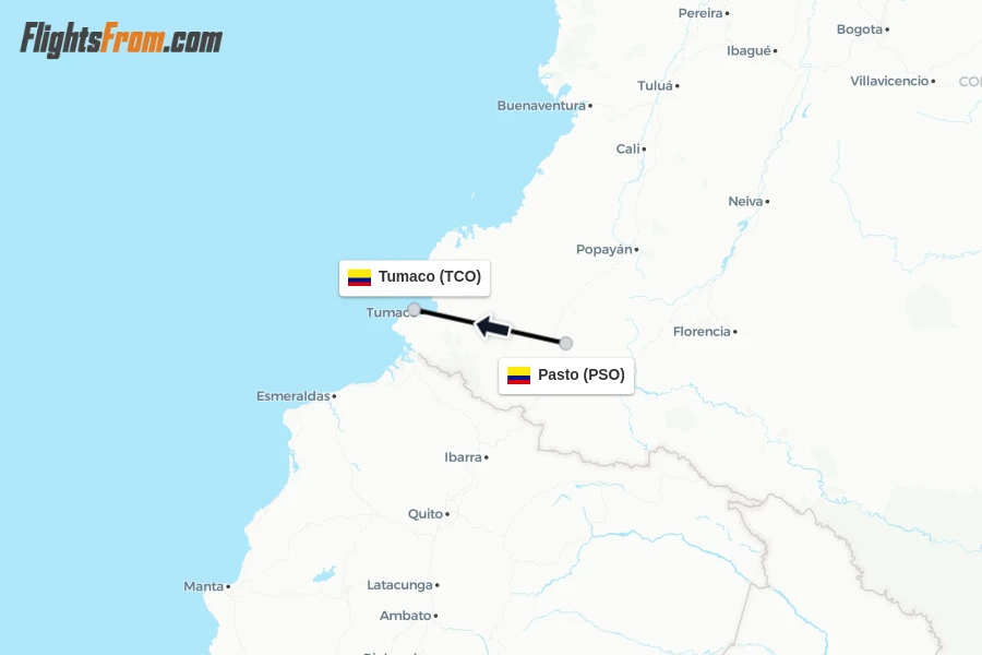 Flights from Pasto to Tumaco route map