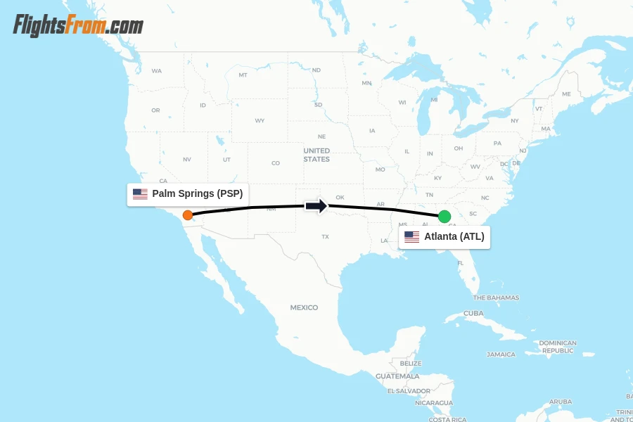 Flights from Palm Springs to Atlanta route map