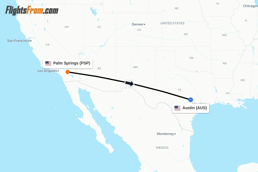 Flights from Palm Springs to Austin route map