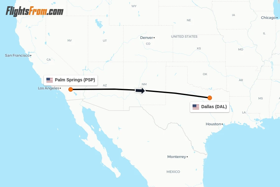 Flights from Palm Springs to Dallas route map