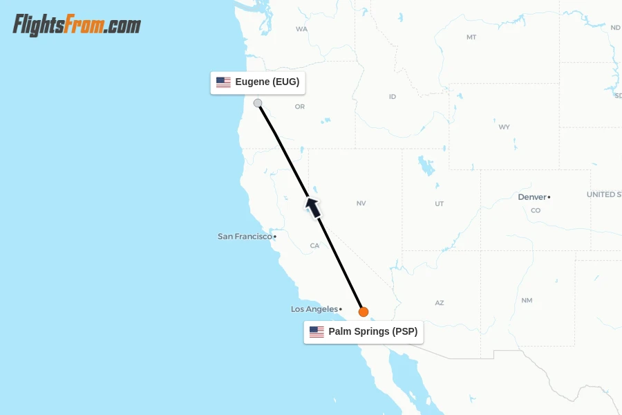 Flights from Palm Springs to Eugene route map