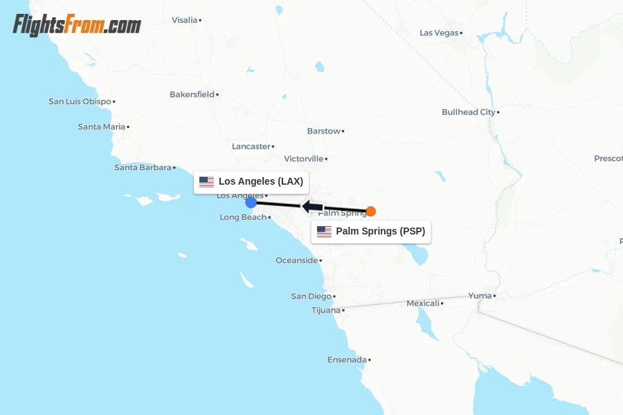 Flights from Palm Springs to Los Angeles route map