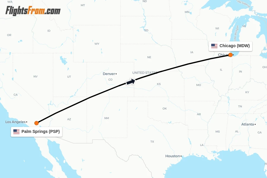 Flights from Palm Springs to Chicago route map