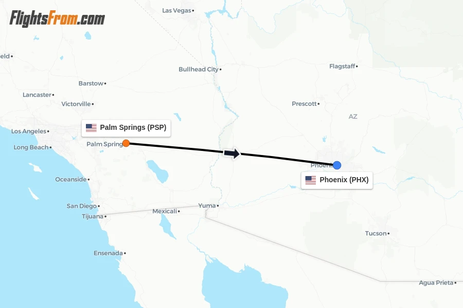 Flights from Palm Springs to Phoenix route map