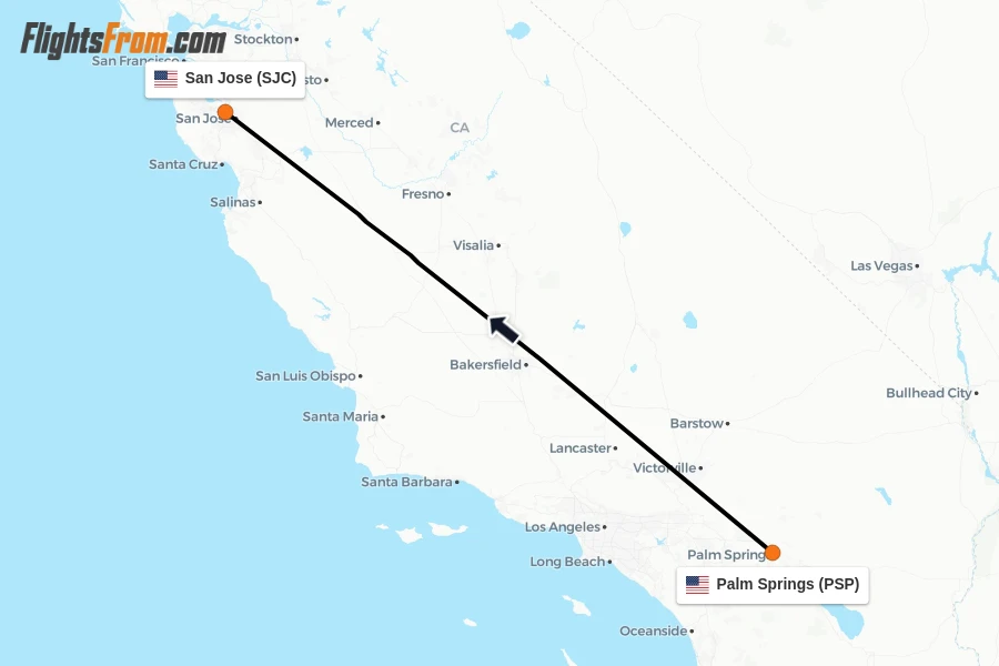 Flights from Palm Springs to San Jose route map