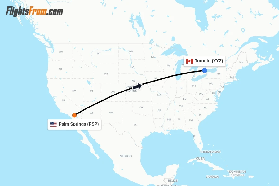 Flights from Palm Springs to Toronto route map