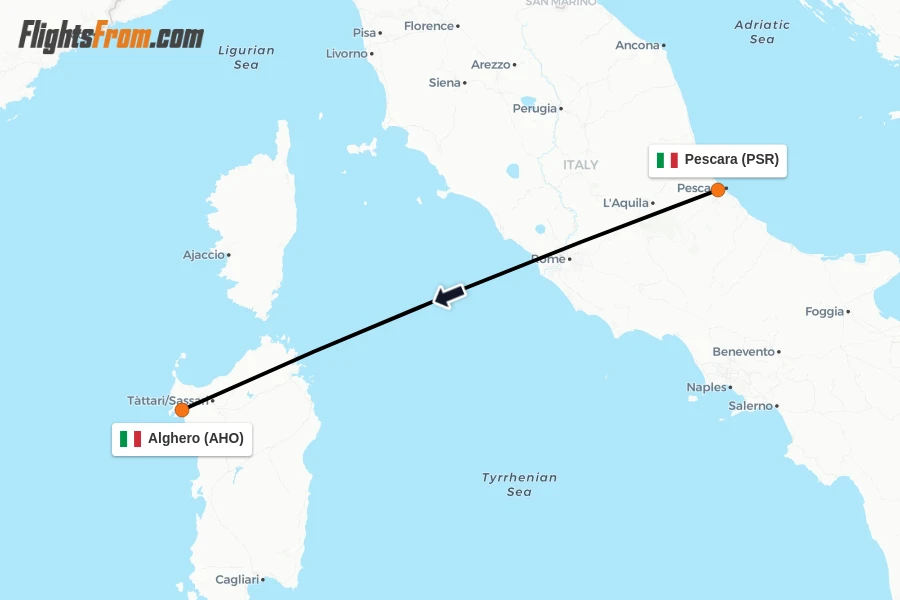 Flights from Pescara to Alghero route map