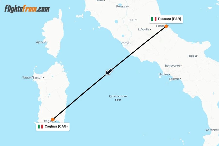 Flights from Pescara to Cagliari route map