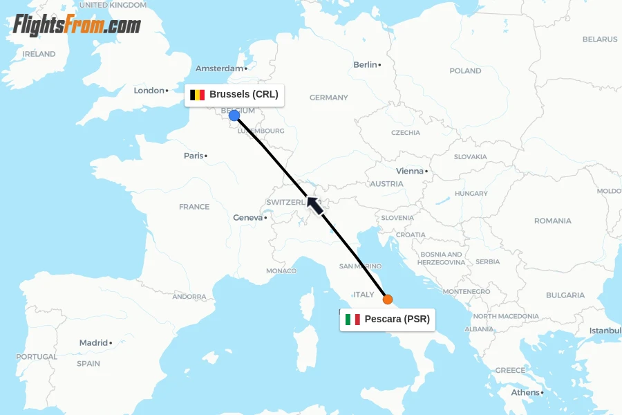 Flights from Pescara to Brussels route map