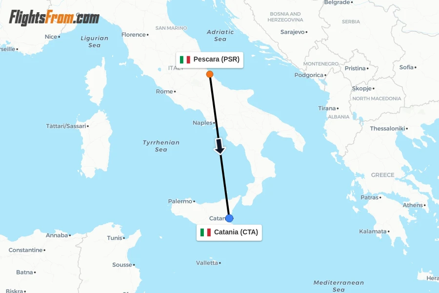 Flights from Pescara to Catania route map
