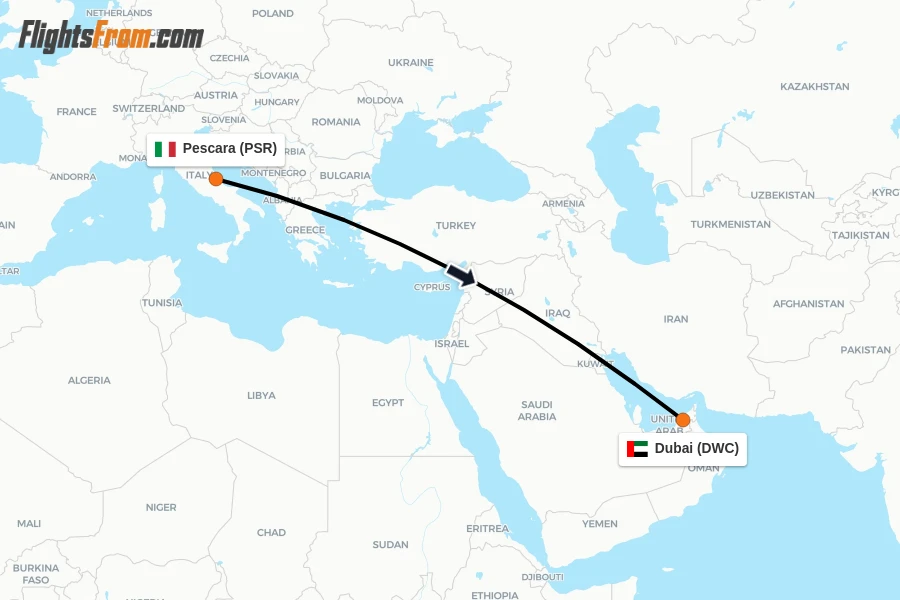 Flights from Pescara to Dubai route map