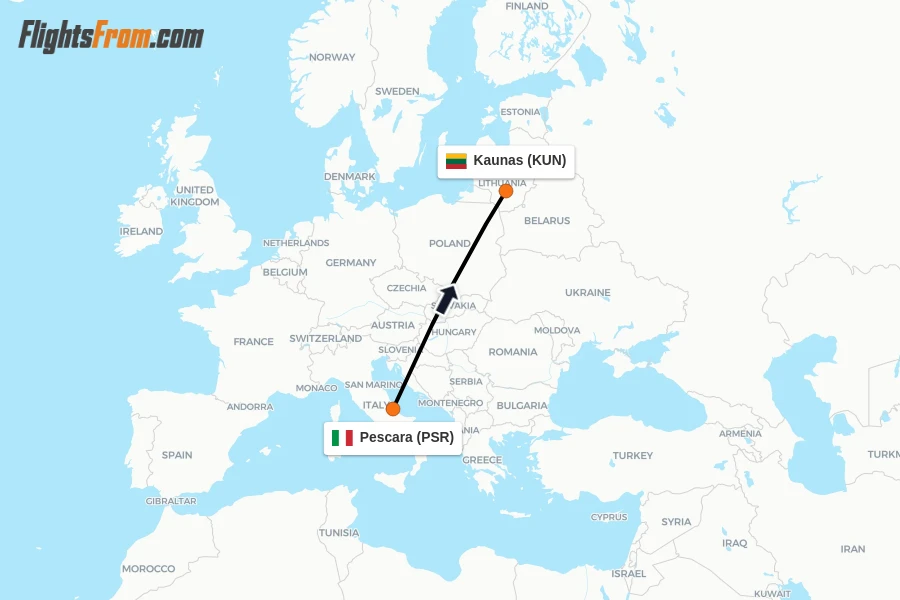 Flights from Pescara to Kaunas route map