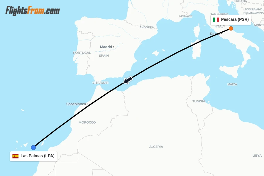Flights from Pescara to Las Palmas route map