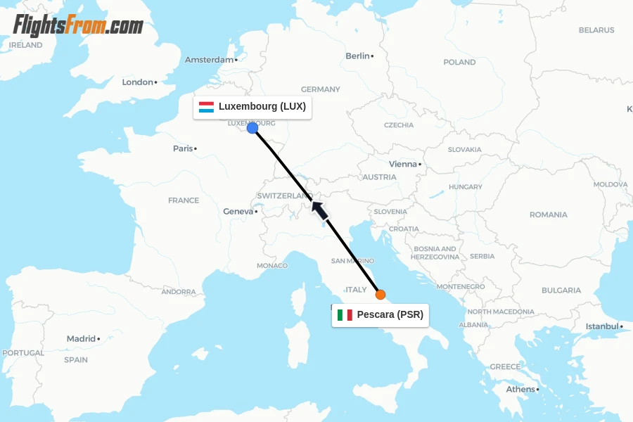 Flights from Pescara to Luxembourg route map