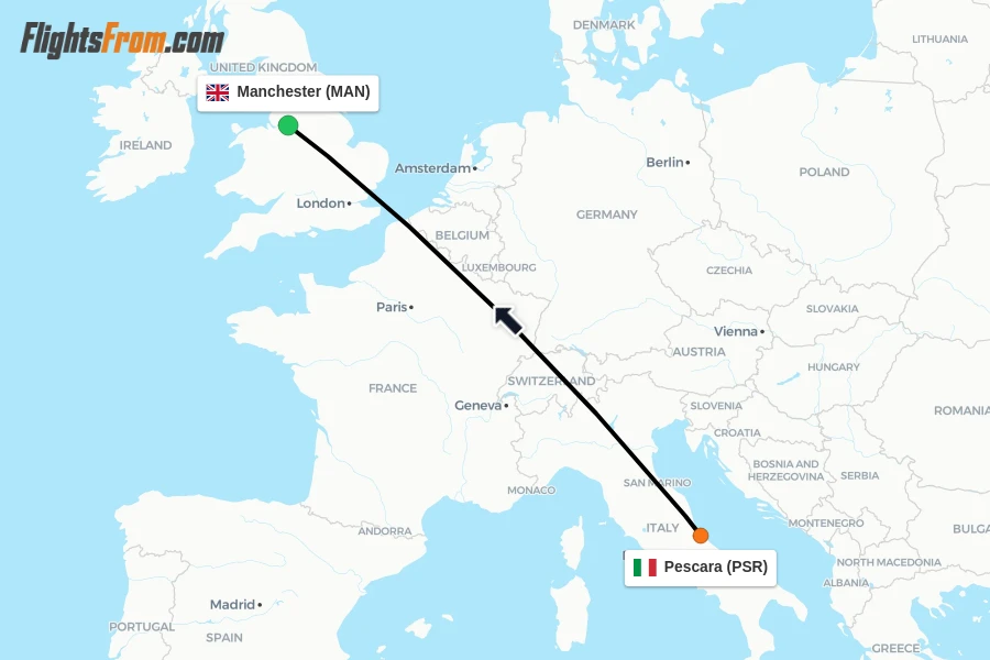 Flights from Pescara to Manchester route map