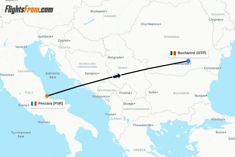 Flights from Pescara to Bucharest route map