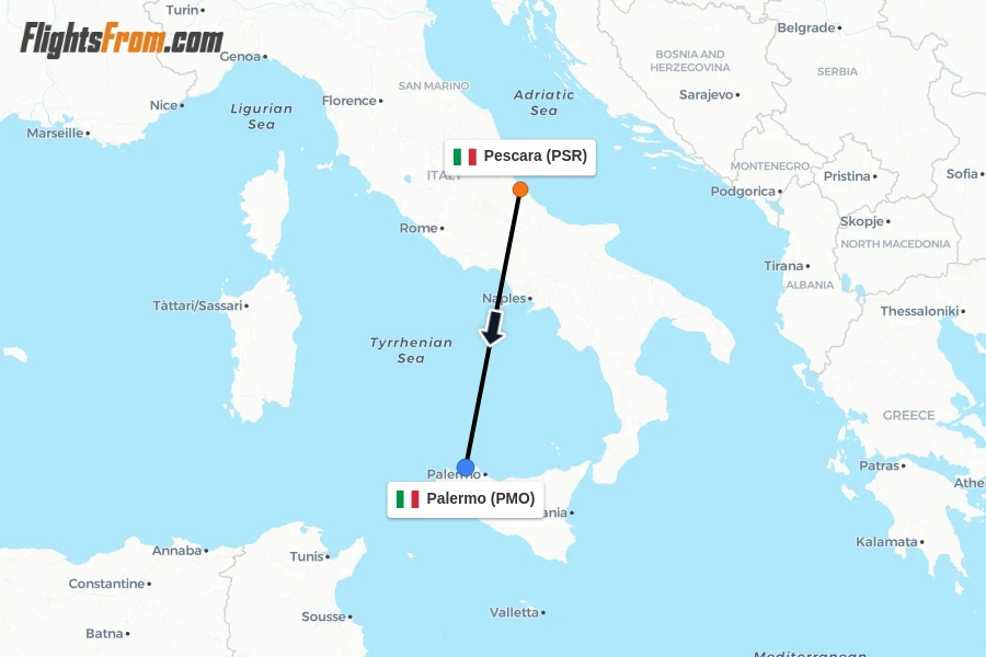 Flights from Pescara to Palermo route map