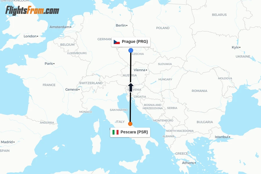 Flights from Pescara to Prague route map
