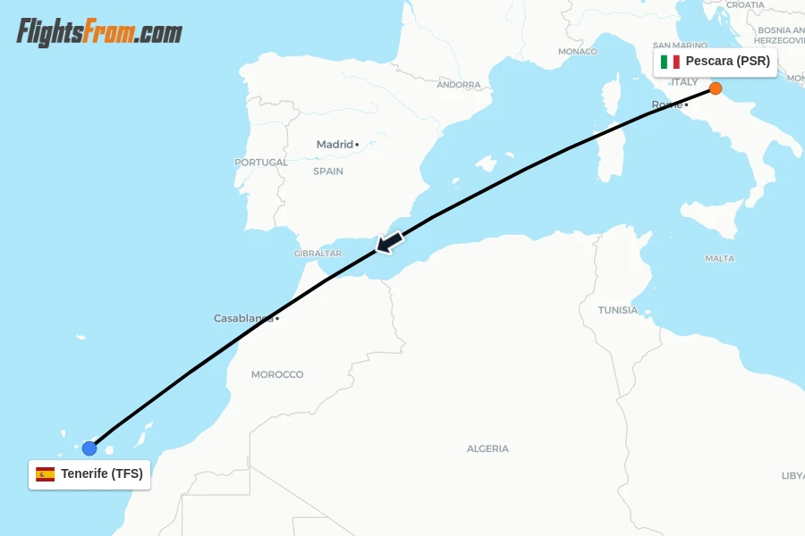 Flights from Pescara to Tenerife route map