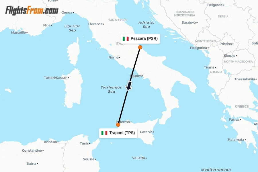 Flights from Pescara to Trapani route map