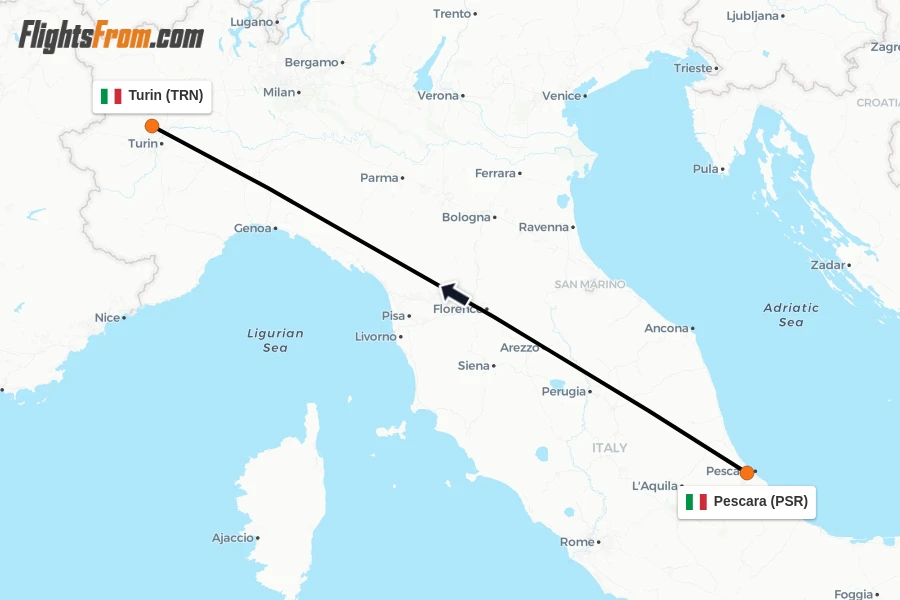 Flights from Pescara to Turin route map