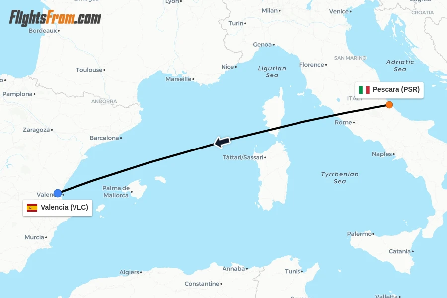 Flights from Pescara to Valencia route map