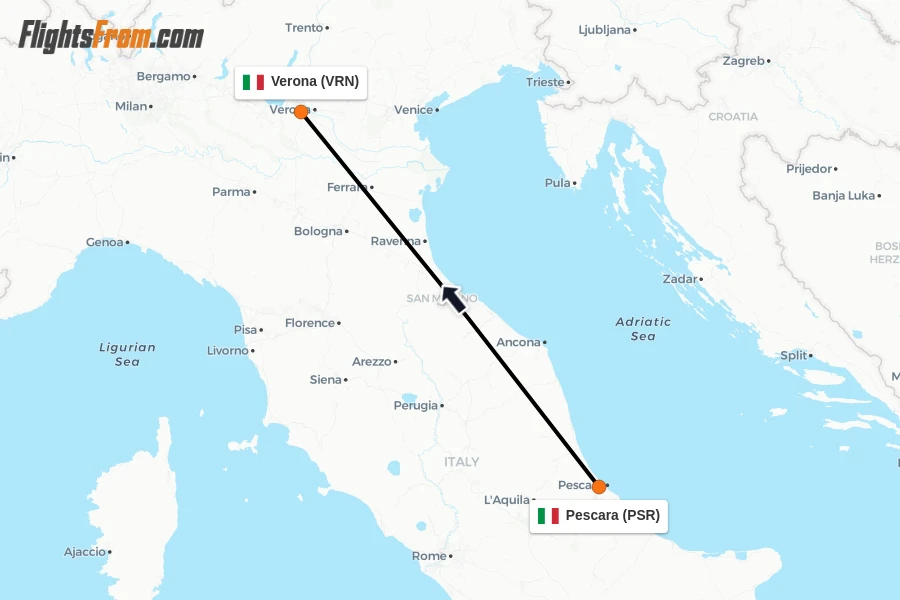 Flights from Pescara to Verona route map