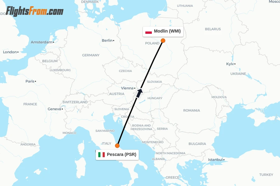 Flights from Pescara to Modlin route map