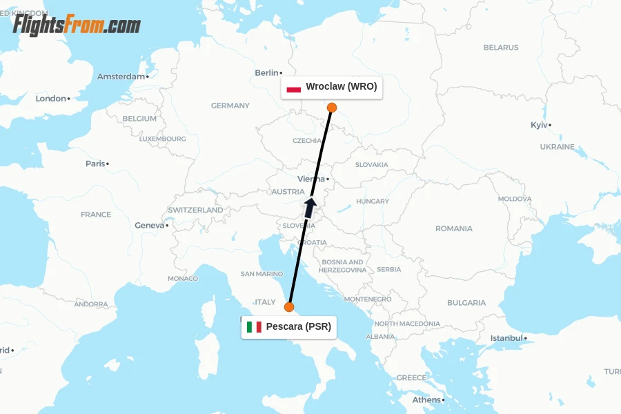 Flights from Pescara to Wroclaw route map