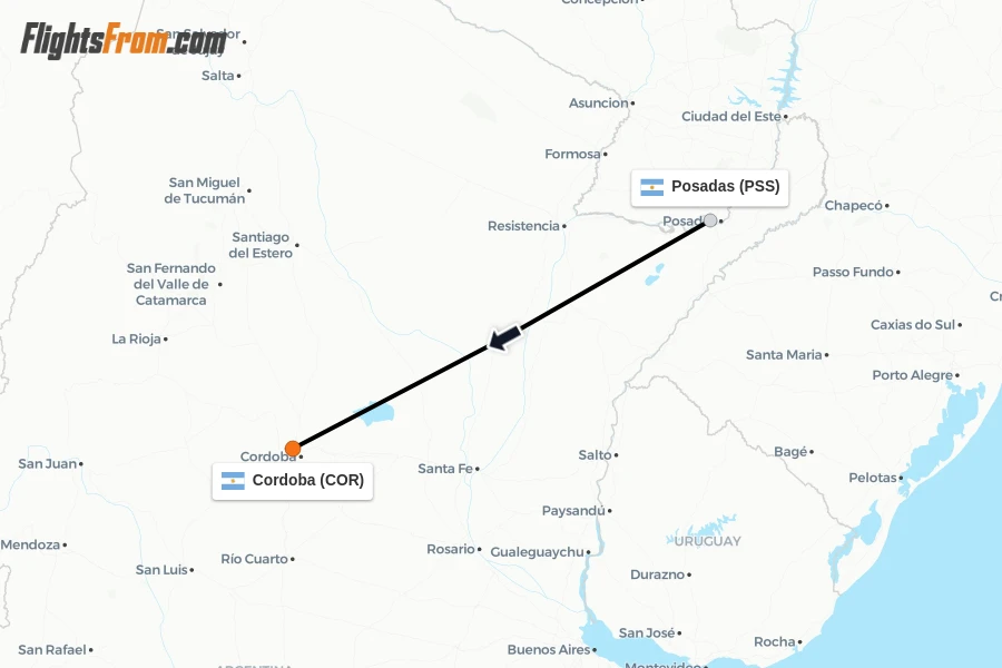 Flights from Posadas to Cordoba route map
