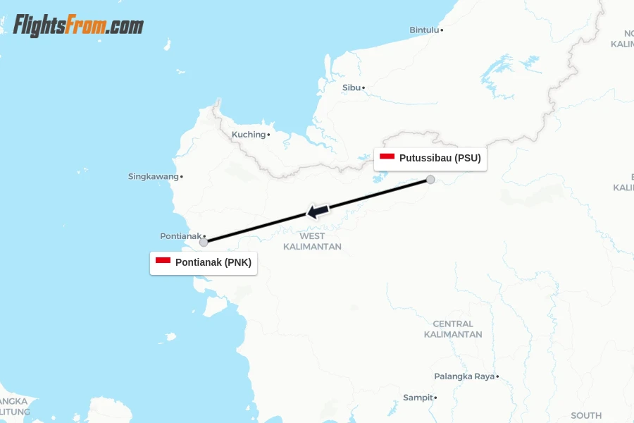 Flights from Putussibau to Pontianak route map