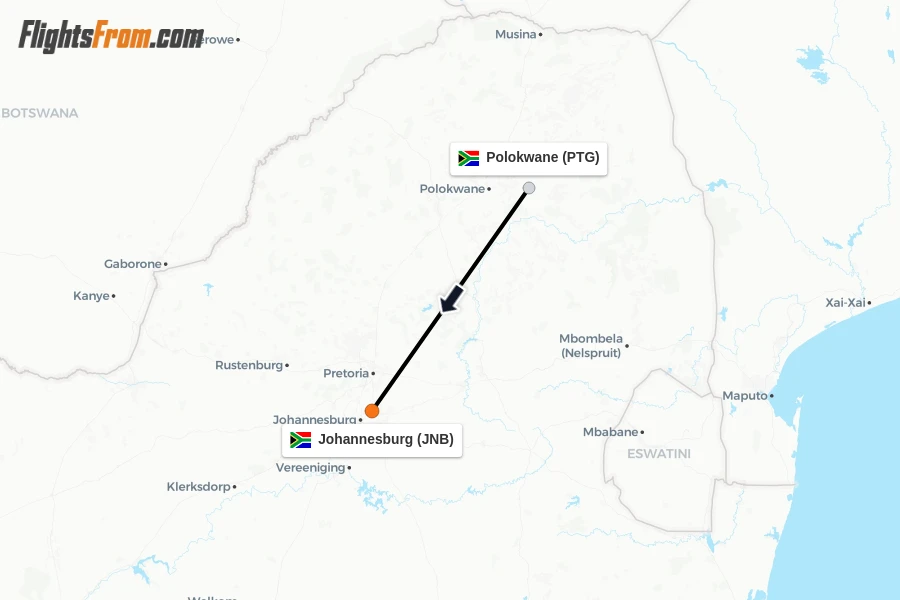 Flights from Polokwane to Johannesburg route map