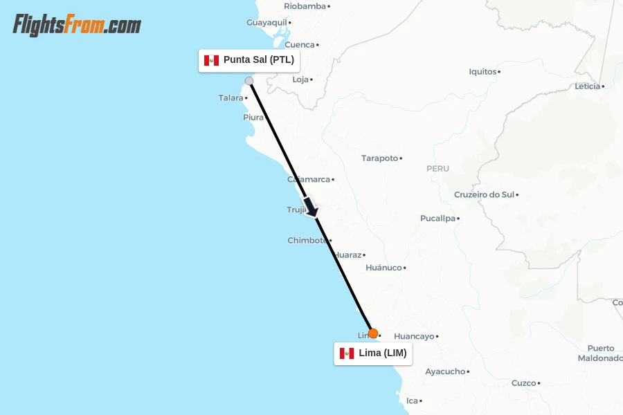 Flights from Punta Sal to Lima route map