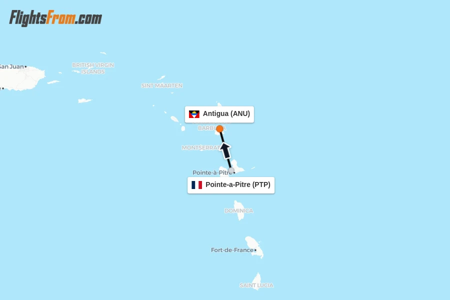 Flights from Pointe-a-Pitre to Antigua route map