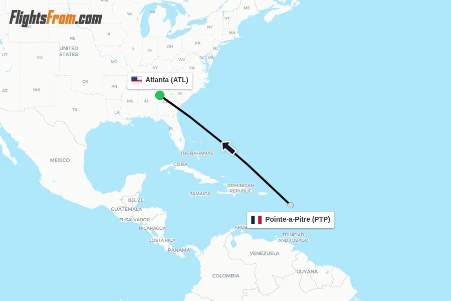 Flights from Pointe-a-Pitre to Atlanta route map