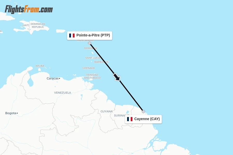 Flights from Pointe-a-Pitre to Cayenne route map
